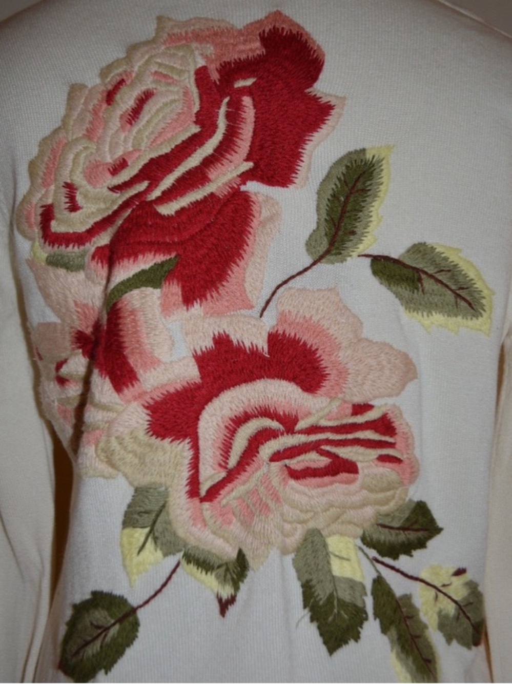 Moth by Anthropologie Cream Crewneck Sweater with Pink & Red Rose Embroidery - Picture 9 of 9